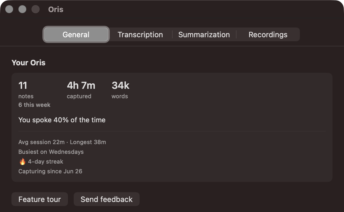 The Your Oris card (dark mode): notes recorded, time captured, words, and the talk-ratio — how much of your meetings you spoke versus listened — aggregated across your recorded sessions, computed on your Mac.