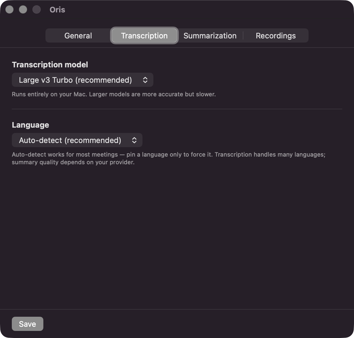 Oris Transcription settings (dark mode): the on-device transcription model picker set to Large v3 Turbo, with the note that it runs entirely on your Mac, plus auto-detect language — the audio never leaves your machine.