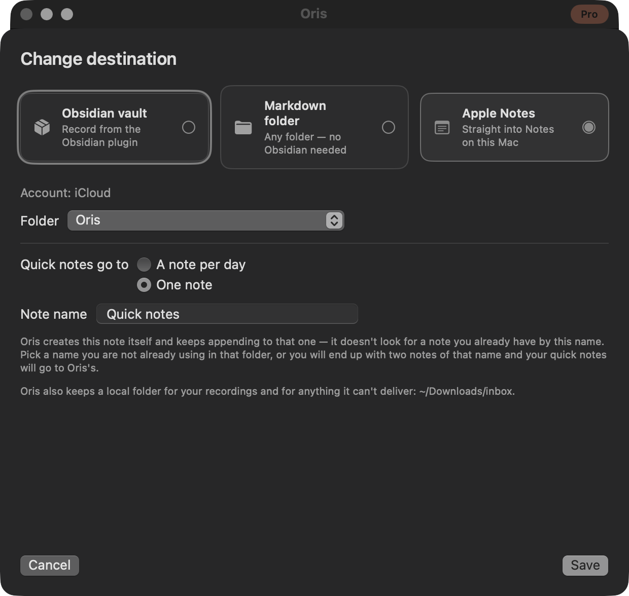 The Change destination sheet with the Apple Notes card selected among the three destination cards, and the iCloud account and folder pickers below