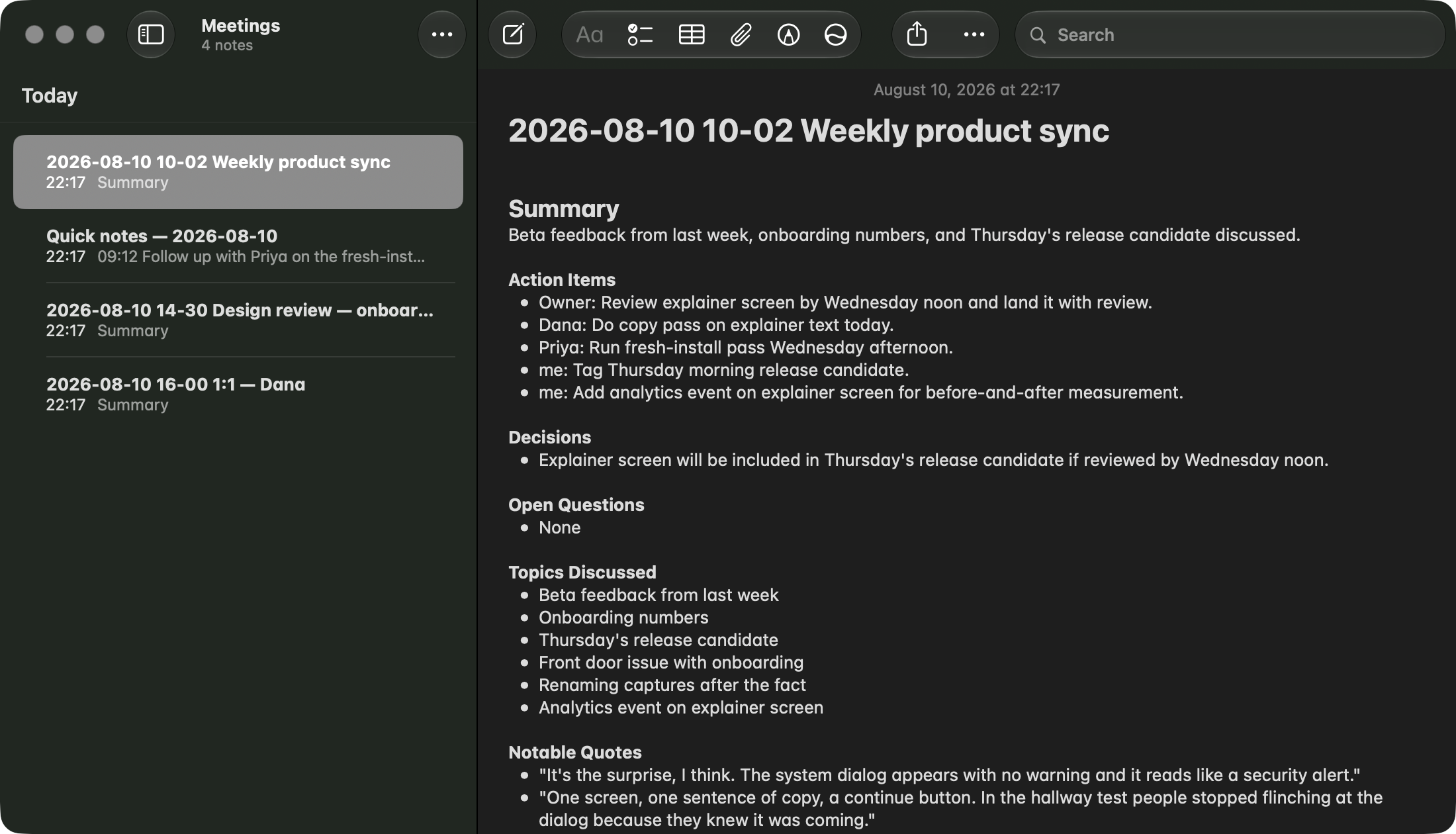 A delivered meeting note in Apple Notes, dark mode: "2026-08-10 10-02 Weekly product sync" open in a Meetings folder, with a Summary, Action Items with owners, Decisions and Notable Quotes — and the day's other deliveries, including a "Quick notes — 2026-08-10" note, in the list beside it.