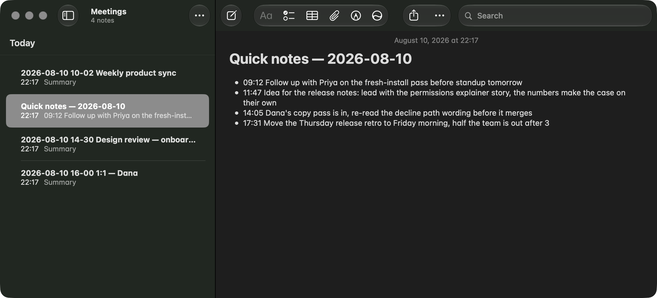 A day's quick notes in Apple Notes: a note titled "Quick notes — 2026-08-10" holding four captures, each a bullet that starts with the time it was spoken.