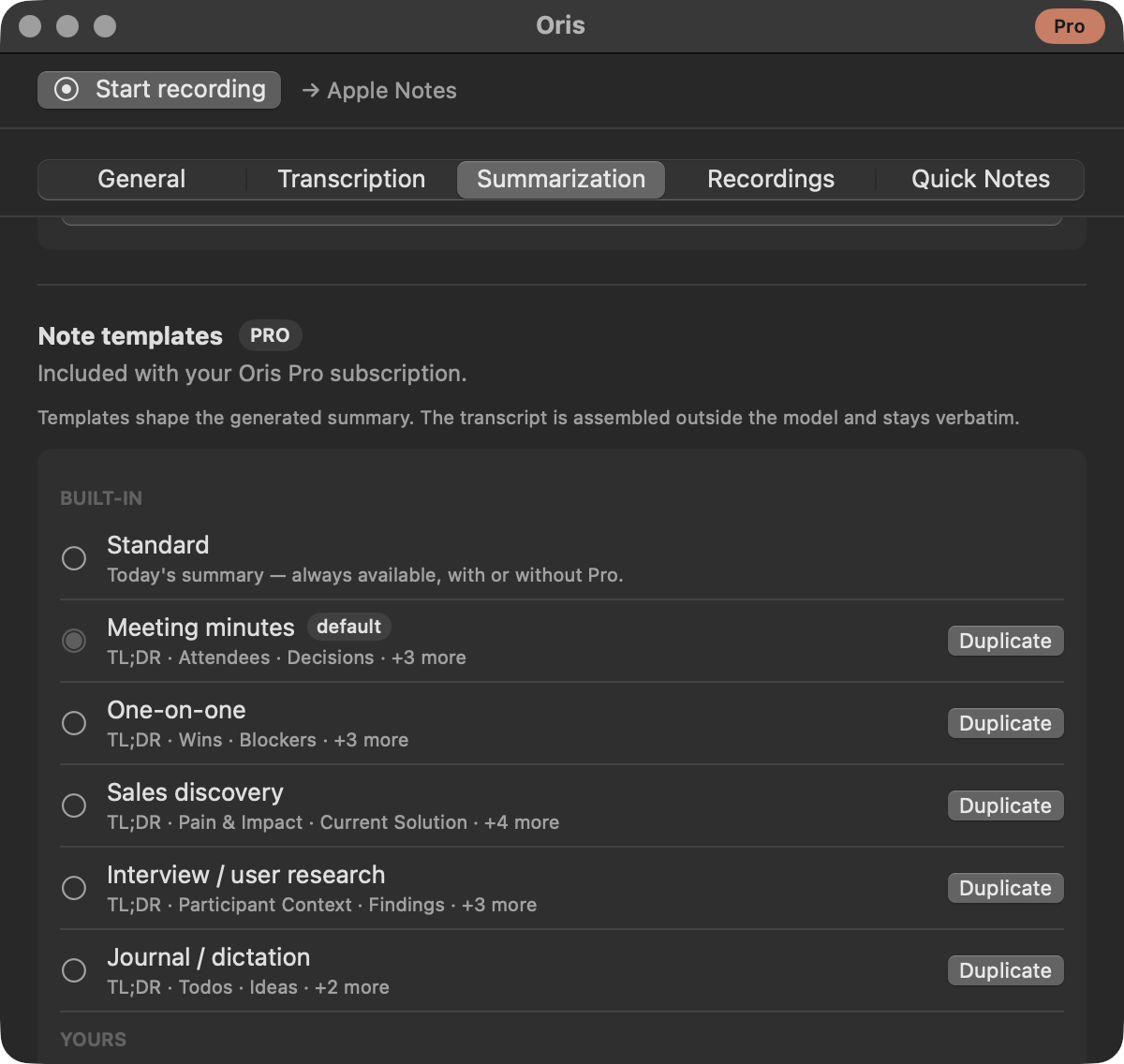 The Note templates group with Pro active: six built-in templates, each listing its sections, with Meeting minutes set as the default and Duplicate buttons alongside