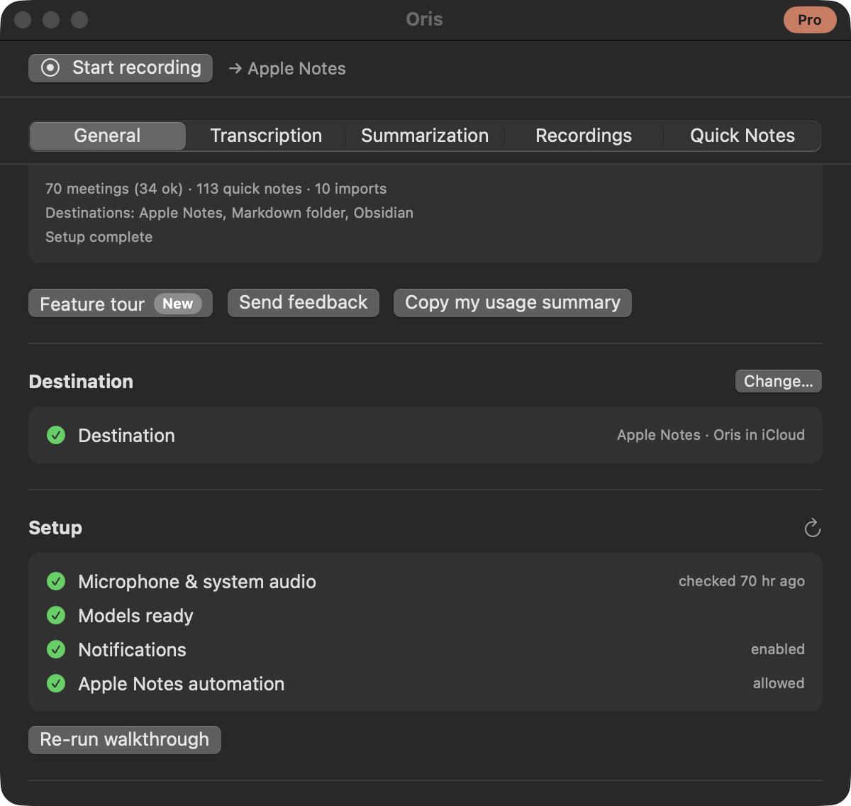 The General tab's Destination section: a green check beside the configured destination, a Change button, and the Setup checklist below, all green