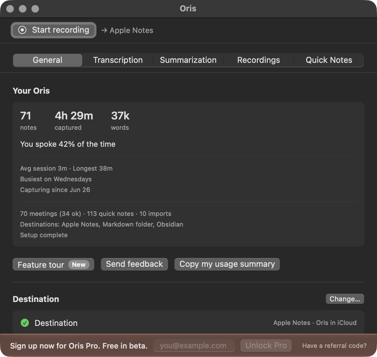 The Oris home window with the Pro signup banner along the bottom: Sign up now for Oris Pro, free in beta, with an email field, an Unlock Pro button, and a Have a referral code? link