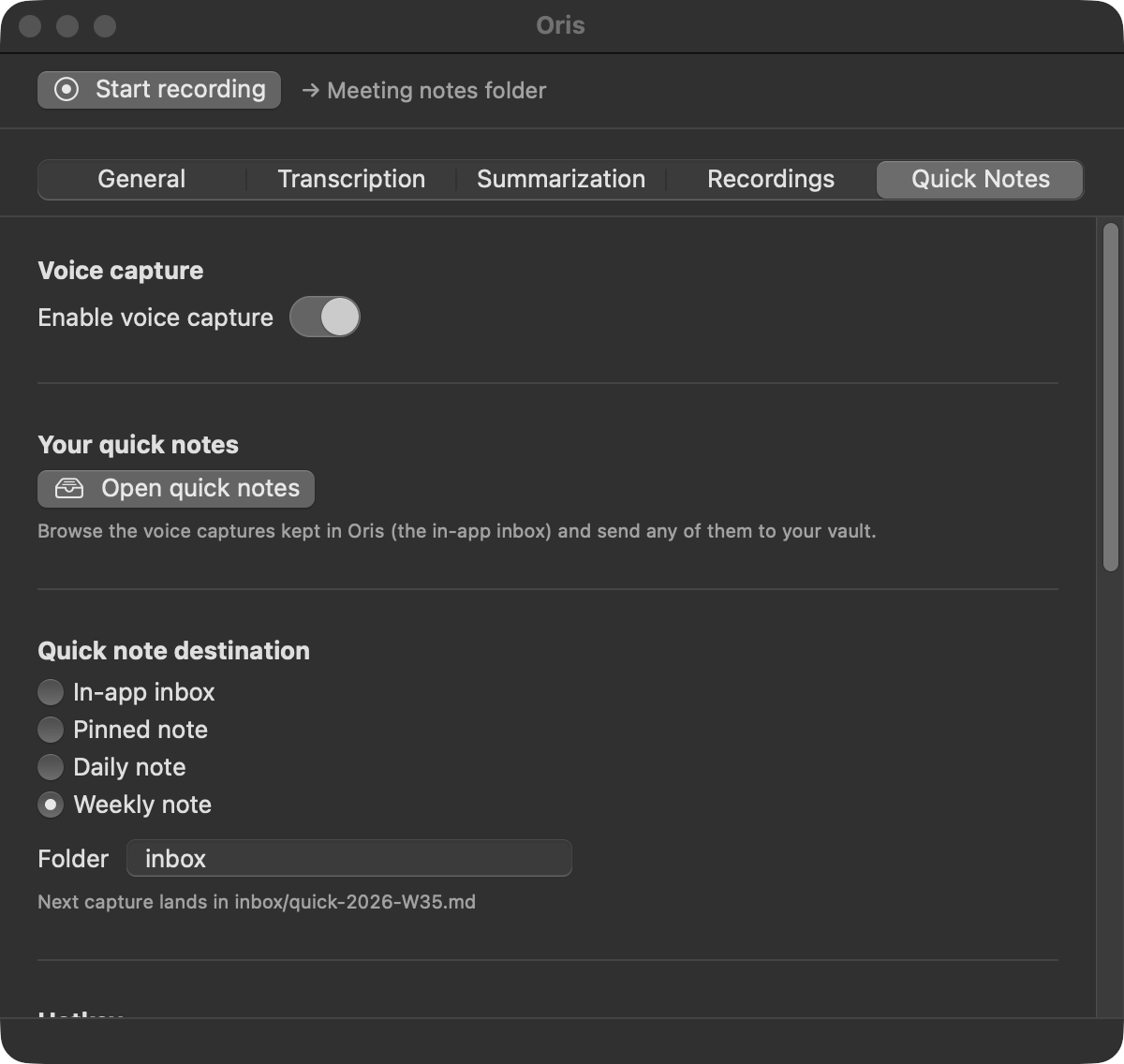 The Quick Notes tab in the Oris app: the voice-capture switch, the Open quick notes browser button, and the destination picker with a weekly note selected