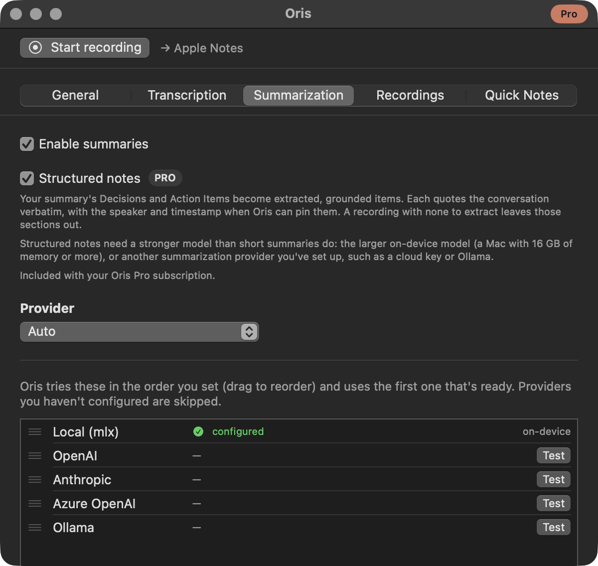 The top of the Summarization tab: the Structured notes toggle with its PRO badge, switched on, above the provider picker